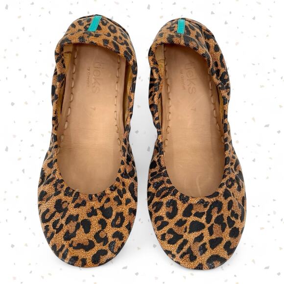 Tieks Leopard Print Ballet Flats Brown Tan Leather Foldable Travel Shoes Size 7 - Picture 1 of 13